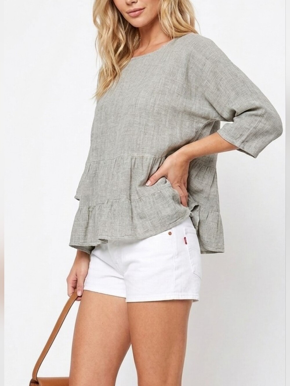 Gabriella Made in Italy Linen Cotton Blend Tiered Peplum Top Grey M/L